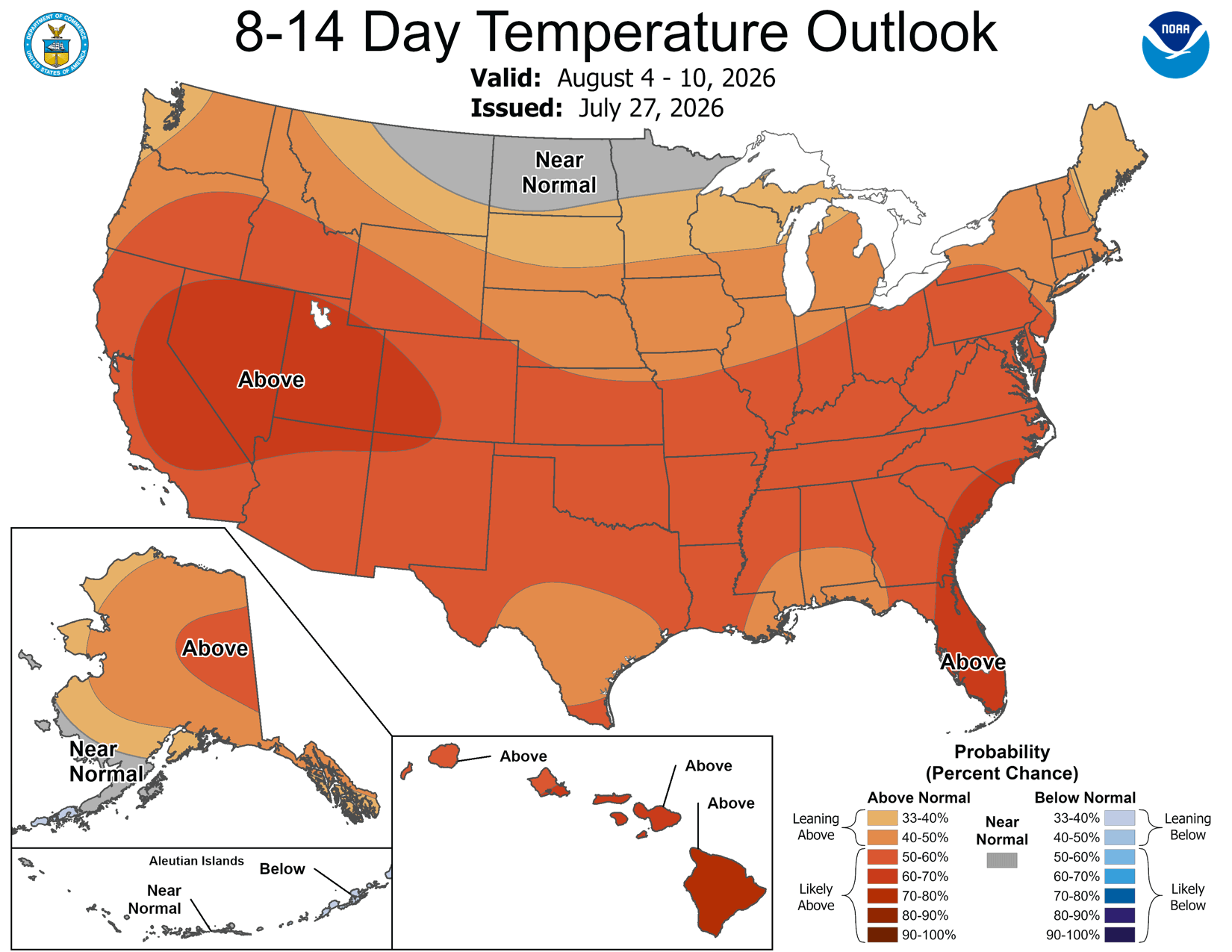 NOAA Climate Prediction Center 8–14 day temperature outlook valid August 4–10, 2026. Almost all of the lower 48 is shaded for above-normal temperatures, with the darkest shading — a 70–80 percent chance — centered over Nevada, Utah and eastern California.